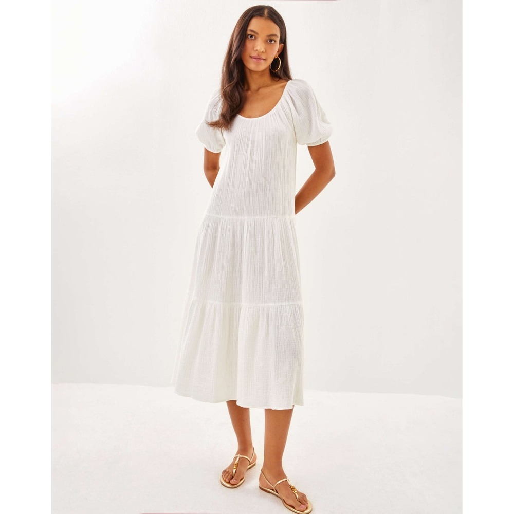 Lilly Pulitzer NWT Zemini Maxi Coverup Resort White Gauze Puff Sleeve Dress XS